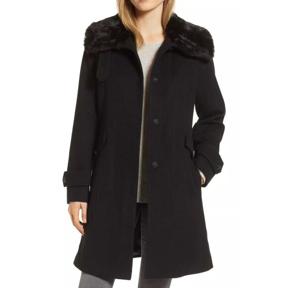$400 TAHARI Alicia Wool Blend Faux Fur Coat BLACK WARM COZY NICE XS - Picture 2 of 6